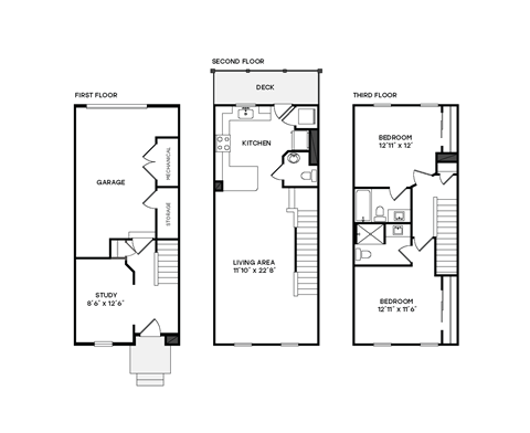 Floor plan for 2 beds, 2.5 baths, 1332 sqft